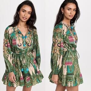 NEW Figue Josie Embroidered Short Bohemian Pom Pom Long Sleeve Green Mini Dress